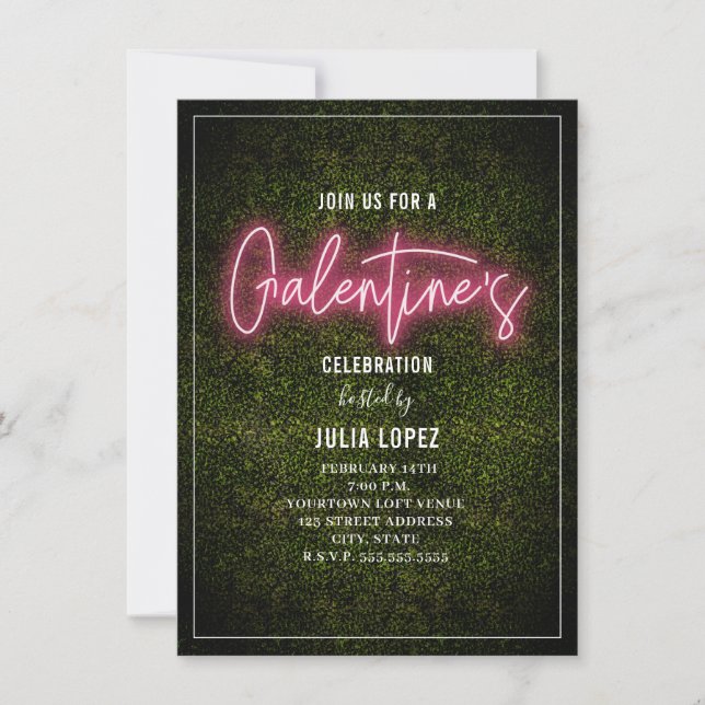 Galentine Neon Script Boxwood Valentine Party Save The Date (Front)