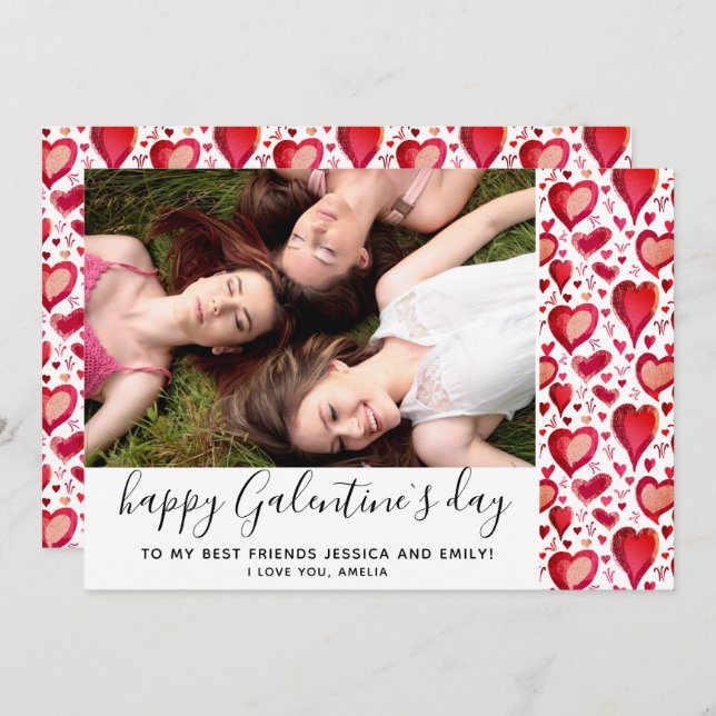 Galentine`s Day Red Heart Drawing Friend Photo Holiday Card (Front/Back)