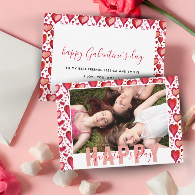Galentine`s Day Red Hearts Drawing Friend Photo Holiday Card (Creator Uploaded)