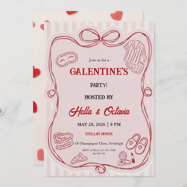 Galentine’s Party Invitation Printable, Pink & Red (Front/Back)