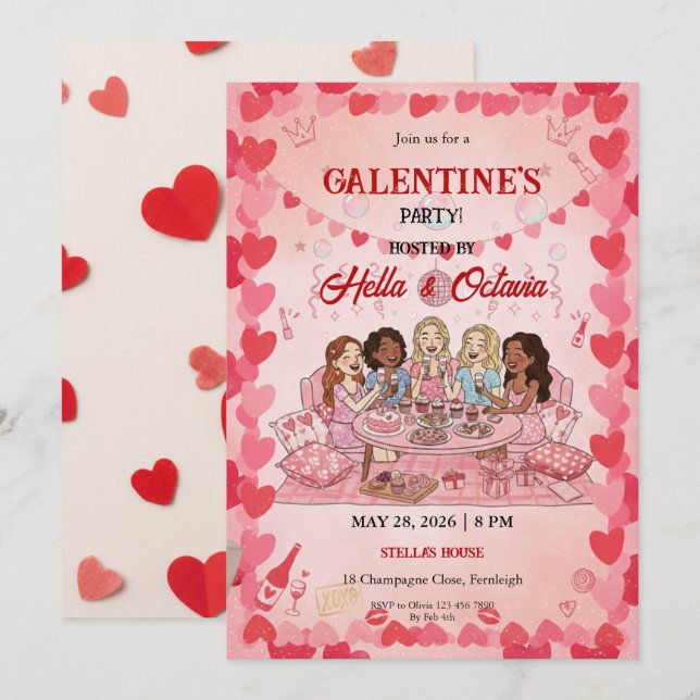 Galentine’s Party Invitation Printable, Pink & Red (Front/Back)