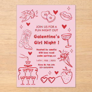 Galentine’s Party, Night Valentine Hand Drawn  Acrylic Invitations