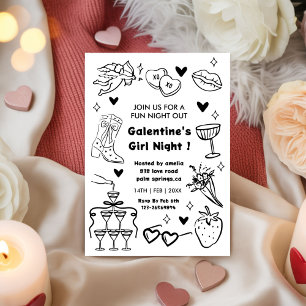 Galentine’s Party, Night Valentine Hand Drawn  Invitation