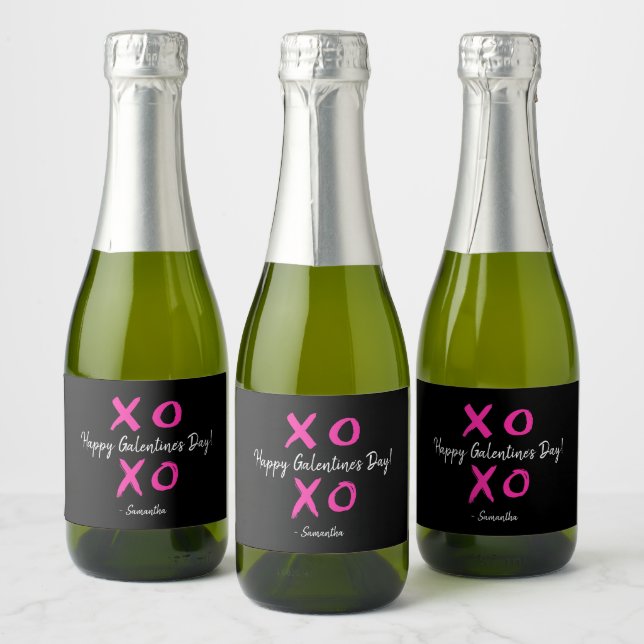 "Galentine's Cheers" Custom Pink & Black XOXO Mini Sparkling Wine Label (Bottles)