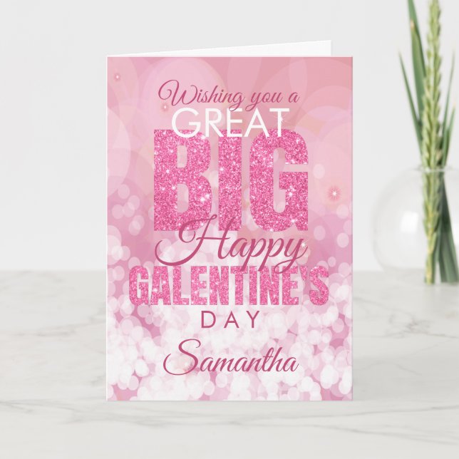 Galentines Day Bestie Pink Glitter Valentines Card (Front)
