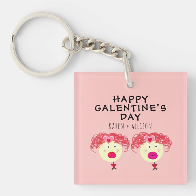 Galentines Day BFF Pink Red Hearts Personalised Key Ring (Front)