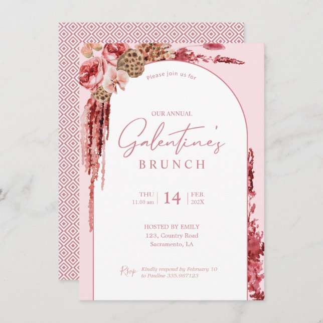 Galentine's Day Boho floral modern pink Invitation (Front/Back)
