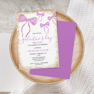 Galentine's Day Brunch Glitter Gold Purple Bows Invitation