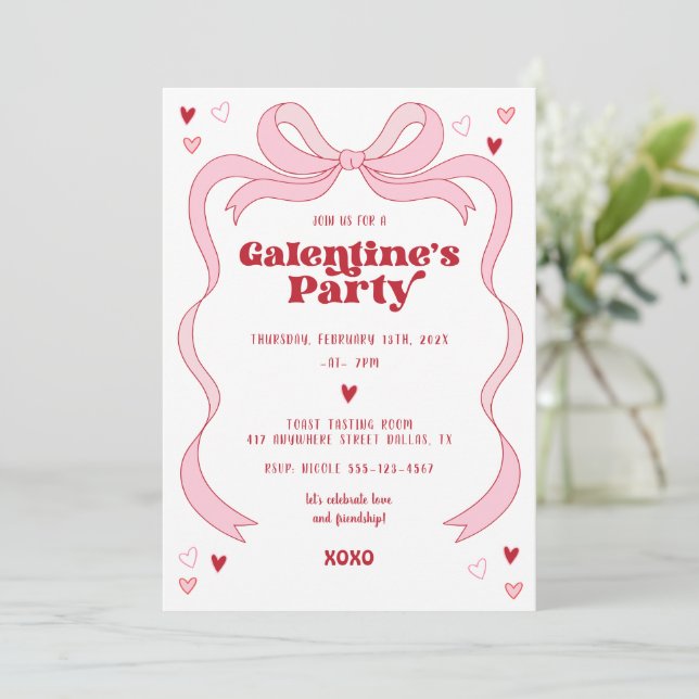 Galentine's Day Brunch Party Pink Bow Invitation (Standing Front)