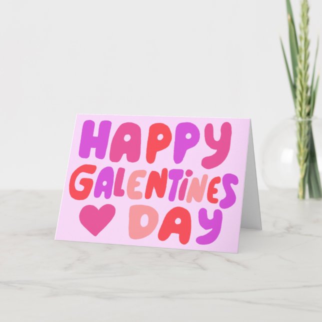 Galentines Day Bubble Letters Pink Curvy Retro Card (Front)