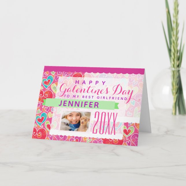 Galentine's Day Cute Pink Hearts Photo Holiday Card (Front)