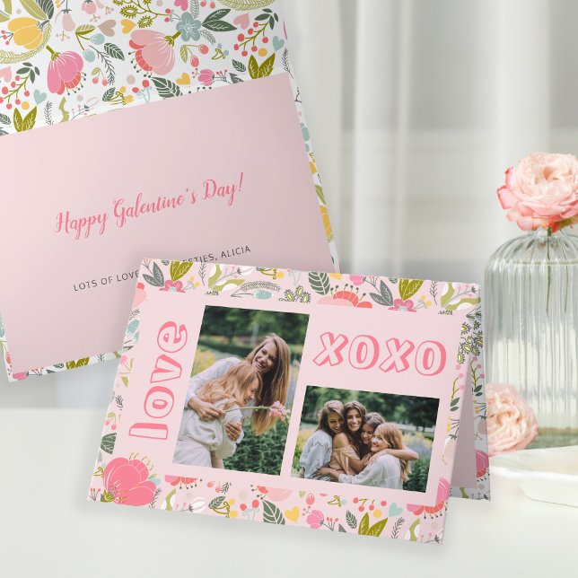 Galentine's Day floral 2 photo collage pink xoxo Holiday Card (Creator Uploaded)