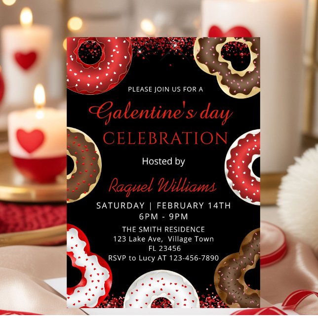 Galentine's Day Party Donuts Invitation (Red Glitter Galentine's Day Brunch Donuts Invitation)