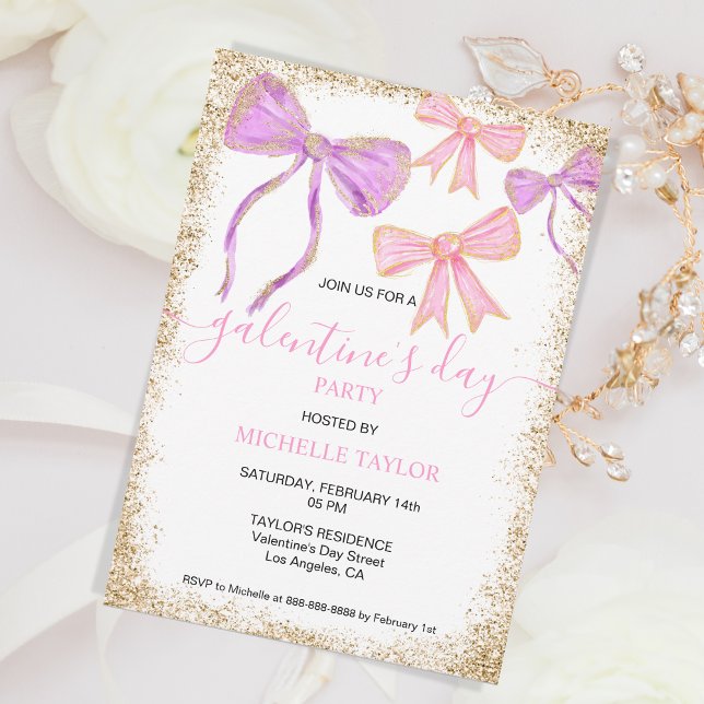 Galentines Day Party Glitter Gold Pink Bows Invitation (pink and purple watercolor bows)