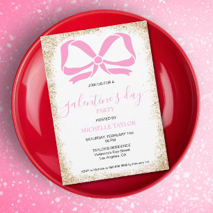 Galentines Day Party Glitter Gold Pink Bows Invitation
