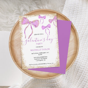 Galentine's Day Party Glitter Gold Purple Bows Invitation