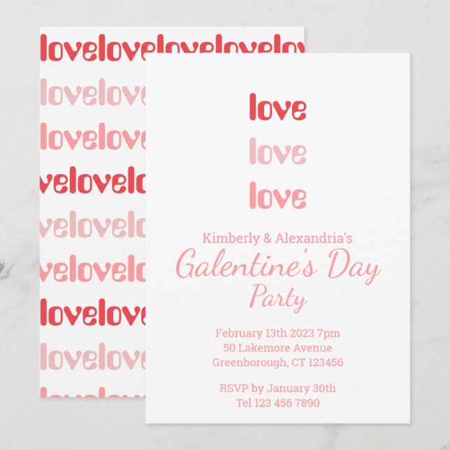 Galentine's Day Party Pink and Red typography Invitation (Front/Back)