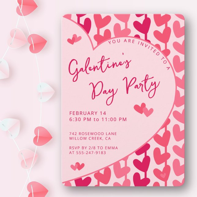 Galentine's Day Party Red Pink Hearts Modern  Invitation (Bold pink & red for the perfect girls’ night. Fully customizable party details.)