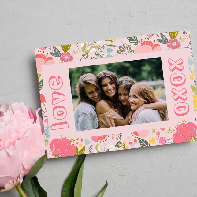 Galentine's Day photo pink xoxo floral Holiday Card (Creator Uploaded)