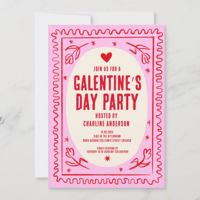 Galentine's Day Red Pink  hand drawn Party Invitation (Front)