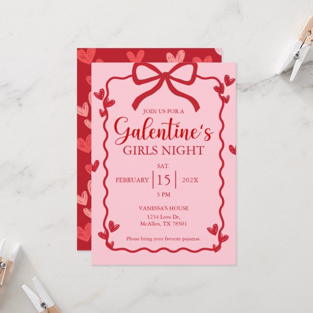 Galentine's day Red Ribbon Bow Girly modern Invite (Front/Back In Situ)