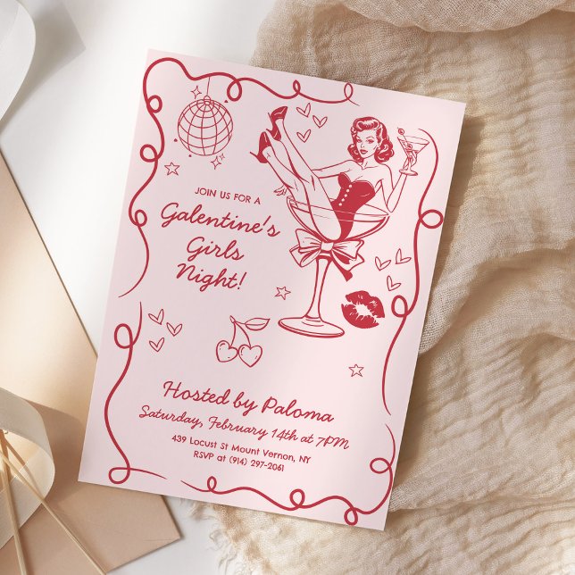 Galentines Girls Night Party Hand Drawn Pink Invitation (Creator Uploaded)