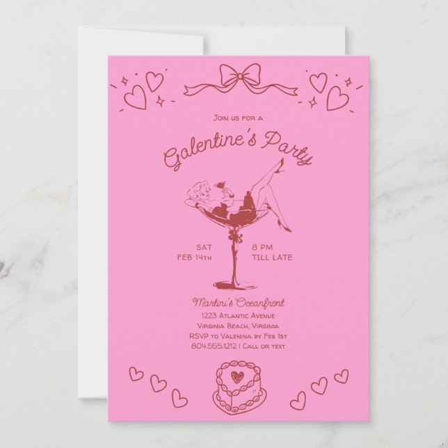 Galentines Girls Night Party Hand Drawn Pink Red  Invitation (Front)