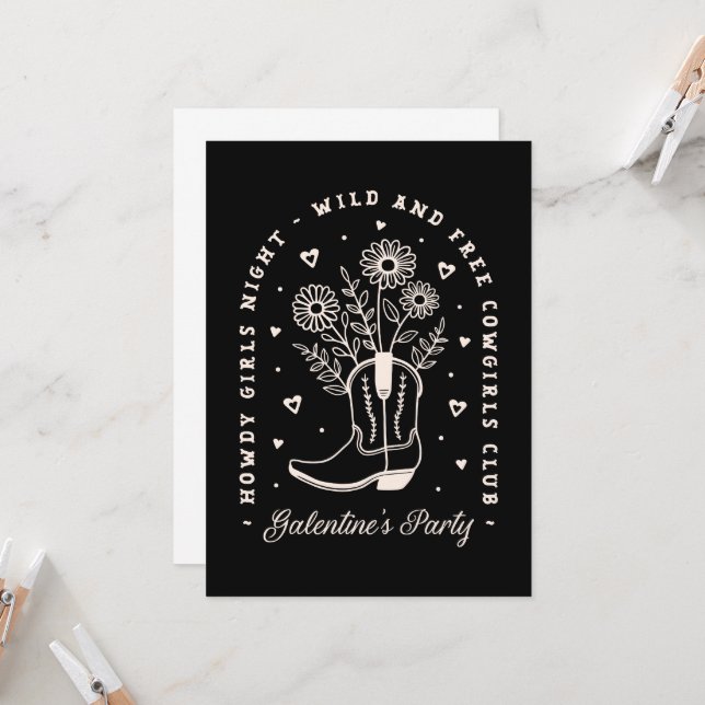 Galentines party girls night cowgirl western black invitation (Front/Back In Situ)
