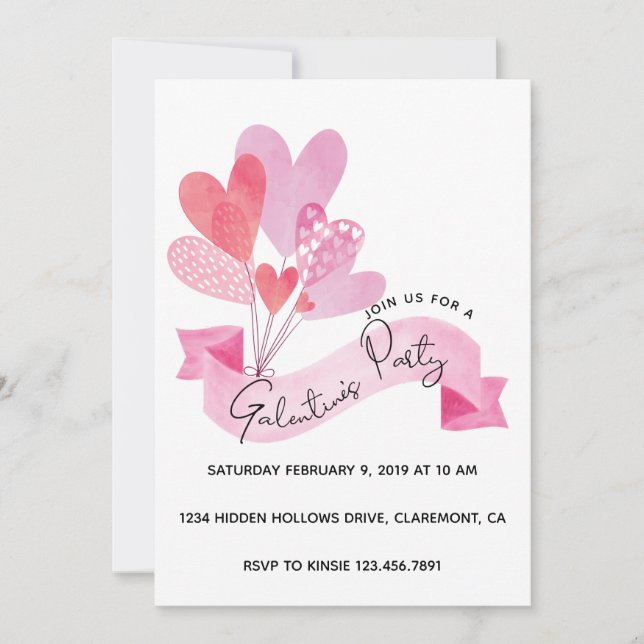 Galentine's Party Invitation with Heart Balloons (Front)
