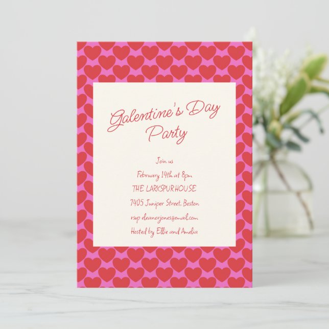 Galentine's Party Pink and Red Heart Valentine Invitation (Standing Front)