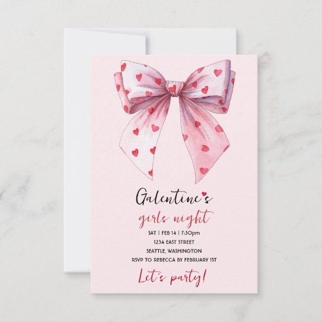 Galentines Pink Bow Party Invitation  (Front)