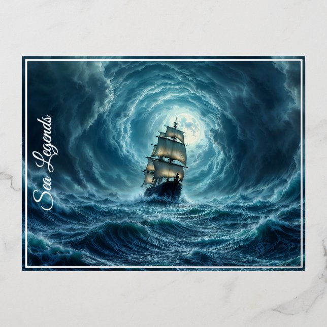 Galeon ship storm moonlit ocean voyage  foil holiday postcard (Front)