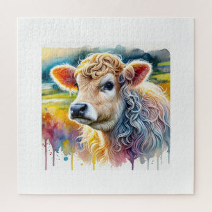 Galician Blond Cow 031124AREF127 - Watercolor Jigsaw Puzzle