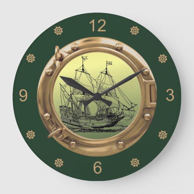 Galleon Sailing Ship ~ Brass Porthole ~   Large Clock (Front)