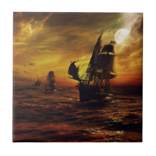 Galleons in the Moonlight Ceramic Tile