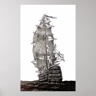 Galleon's pen and ink drawing in black and white poster