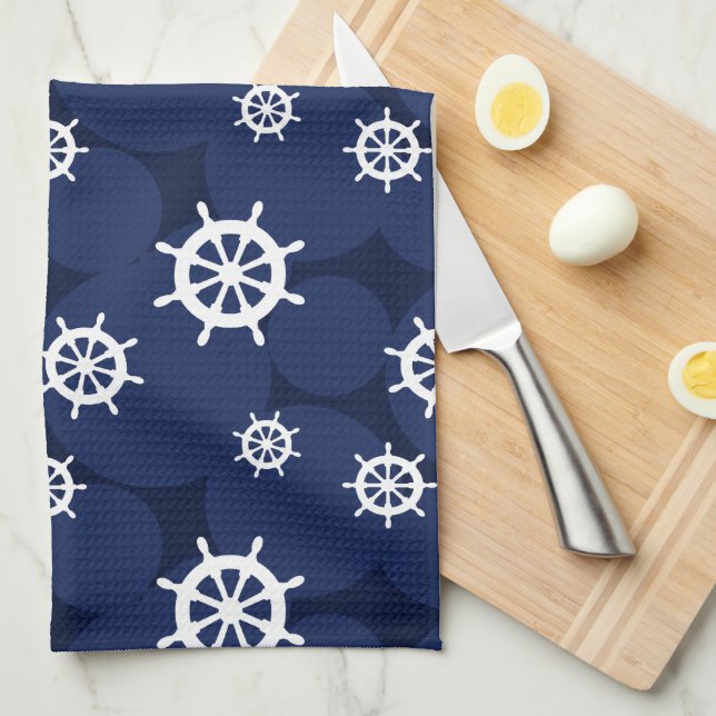 Galley Kitchen Ships Wheels Navy Blue and White Tea Towel (Quarter Fold)