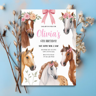 Gallop On Over Floral Horses & Bows Birthday Invitation