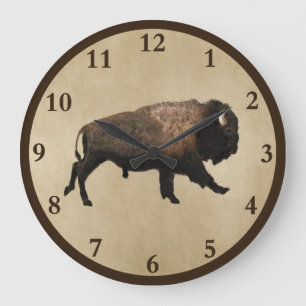 Galloping Bison On Old Paper Large Clock