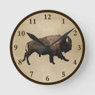 Galloping Bison On Old Paper Round Clock
