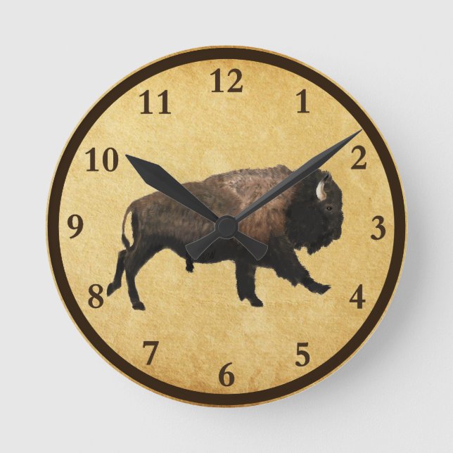 Galloping Bison On Old Paper Round Clock (Front)