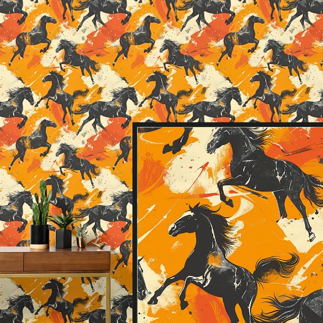 Galloping Black Horses on Orange Cream  Wallpaper (Creator Uploaded)