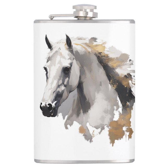 Galloping Grace White Horse Art Hip Flask (Front)