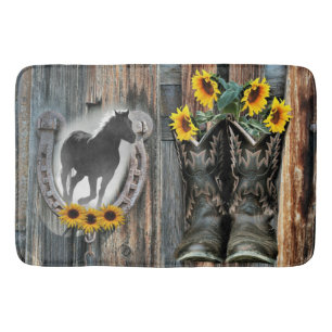 Galloping Horse Cowboy Boots Horseshoe Sunflowers Bath Mat