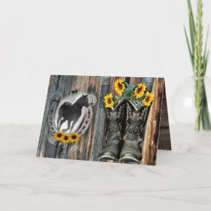 Galloping Horse Cowboy Boots Horseshoe Sunflowers Card