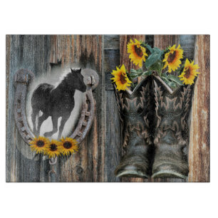 Galloping Horse Cowboy Boots Horseshoe Sunflowers Cutting Board