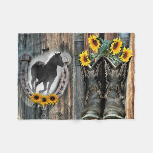 Galloping Horse Cowboy Boots Horseshoe Sunflowers Fleece Blanket