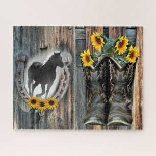 Galloping Horse Cowboy Boots Horseshoe Sunflowers Jigsaw Puzzle