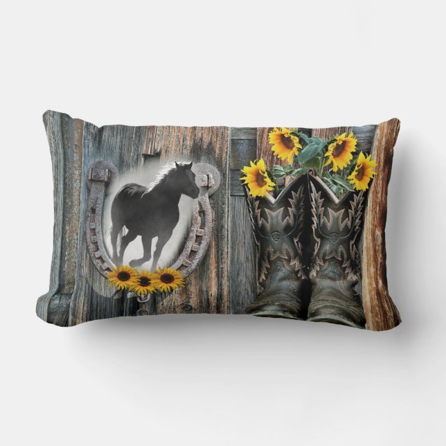 Galloping Horse Cowboy Boots Horseshoe Sunflowers Lumbar Cushion (Front)