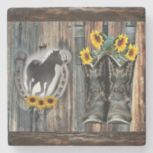 Galloping Horse Cowboy Boots Horseshoe Sunflowers Stone Coaster